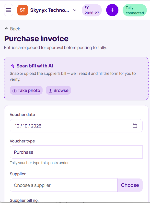 Skynyx Biz Purchase invoice screen with Scan bill with AI — Take photo or Browse
