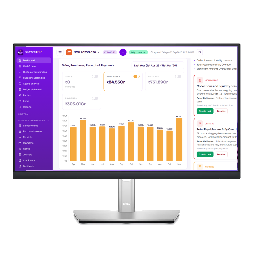 Skynyx Biz web app dashboard on a desktop monitor — receivables, cash & bank and the AI Business Advisor